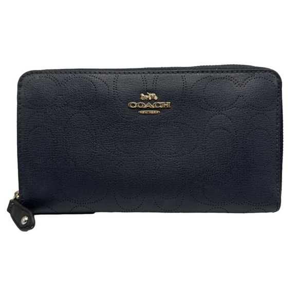 COACH Navy Blue Signature Dotted Zip Around Wallet - Picture 1 of 11